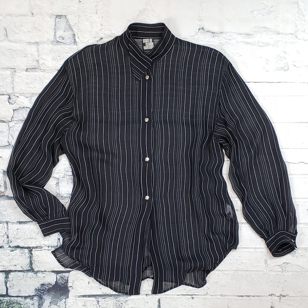Striped Buttondown Designer Black Sheer Blouse